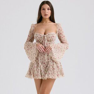 NWT House of CB ANALISSA Vintage Cream Rose Print Corset Mini Dress.  SZ M